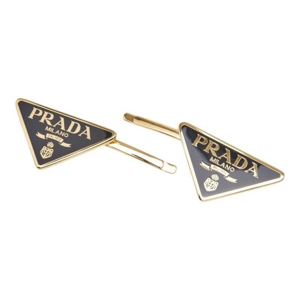 Prada Triangle Logo Plate Hairpin Hair Accessory Gold Black Plated